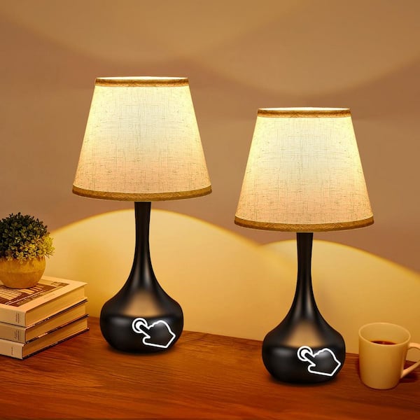 (2-Pack)17 in. H Black LED Bedside Table Lamp with Beige Linen Shade 3-Way Dimmable Metal Touch Control Bulbs Included