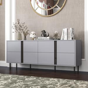 Gray Wood 8-Drawer 63 in. W Dresser Chest of Drawer Sideboard with Pop-up Doors, Glass Finish, Adjustable Metal Feet