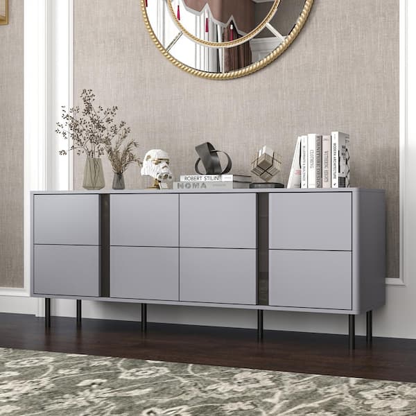 FUFU&GAGA Gray Wood 8-Drawer 63 in. W Dresser Chest of Drawer Sideboard with Pop-up Doors, Glass Finish, Adjustable Metal Feet