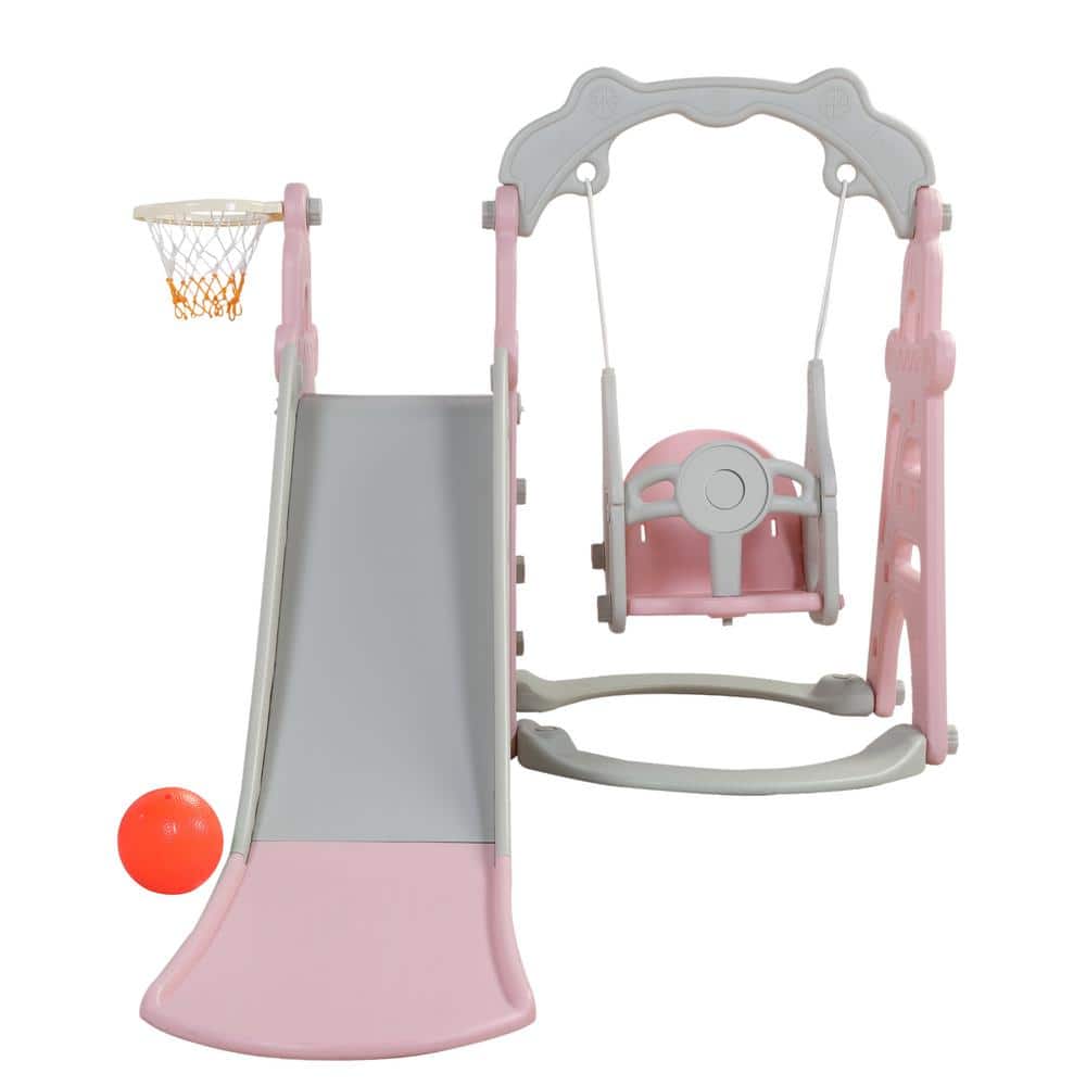 3-in-1 Kids Slide and Swing Set Toddler Climber Playset Indoor Outdoor Playground, Pink and Grey