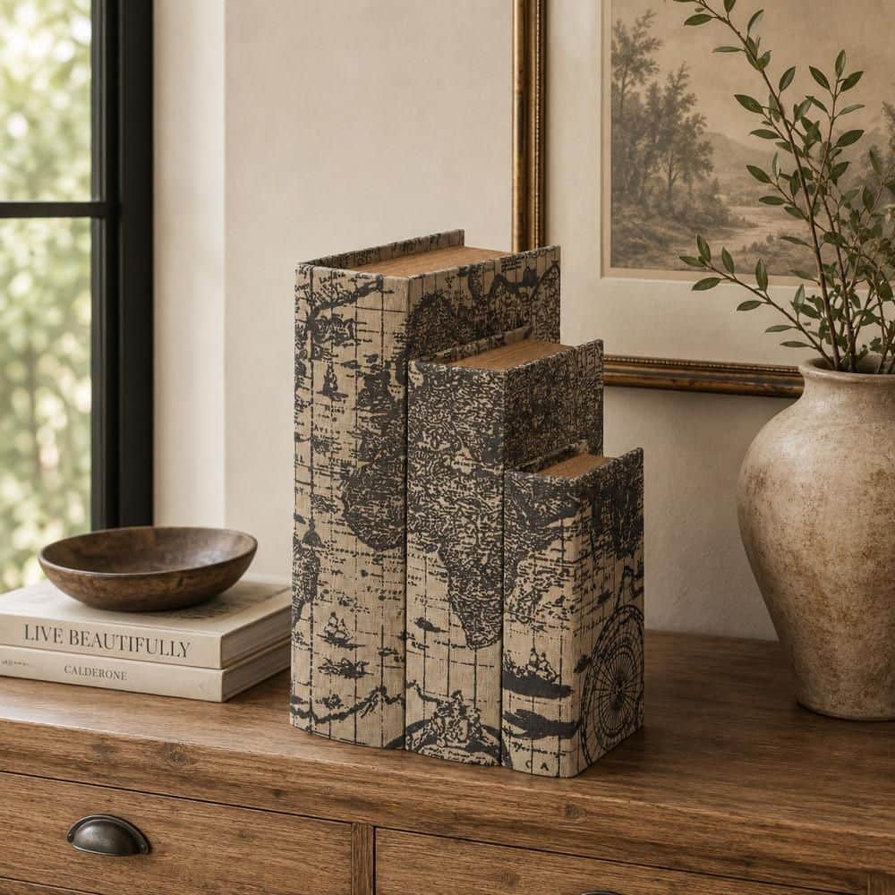 Litton Lane Rectangle Wood Faux Book Box with World Map Cover (Set