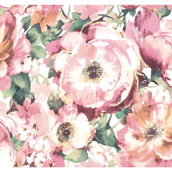 RoomMates Watercolor Floral Pink, Green Vinyl Peelable Roll (Covers 60 sq. ft.)