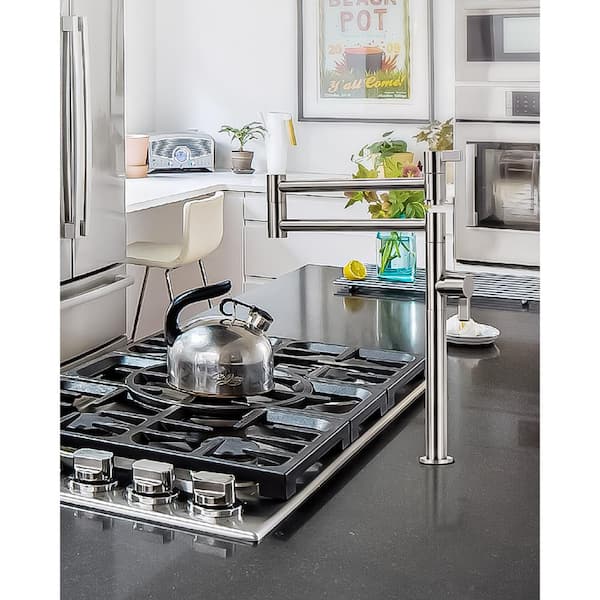 Deck Mounted Pot Filler Kitchen Faucet with Double Joint Swing Arm in Solid Brass in Brushed Nickel