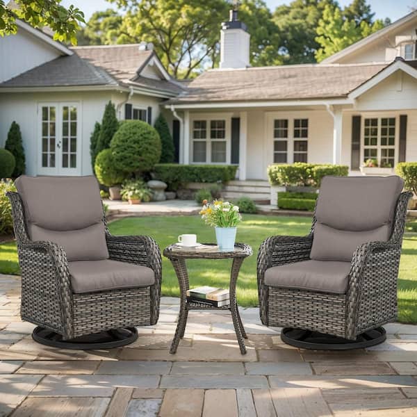 Pocassy Crescent Moon Gray 3-Piece Wicker Patio Conversation Deep Seating Set with Gray Cushions