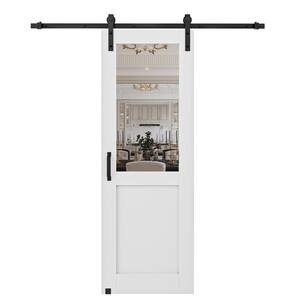 30 in. x 80 in. 1/2 Lite Mirrored Glass White Primed MDF Sliding Barn Door with Hardware Kit