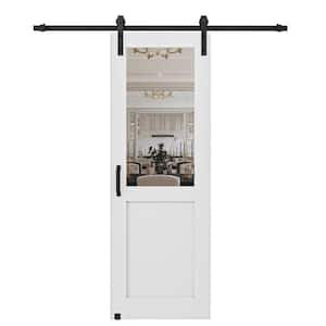 32 in. x 80 in. 1/2 Lite Mirrored Glass White Primed MDF Sliding Barn Door with Hardware Kit