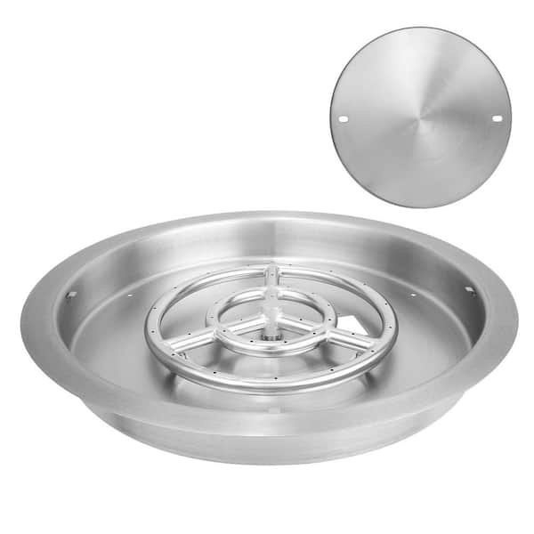 SKYSHALO 19 in. Round Drop-in Fire Pit Pan, Stainless Steel Fire Pit Burner, Natural & Propane Gas Fire Pan 92,000 BTU with Lid