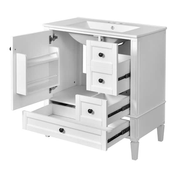 30 in. W Single Sink Freestanding White Bath Vanity with White Ceramic Top and 3 Drawers, Unassembled
