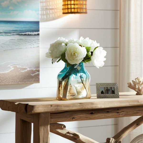 Liv & Skye 8 in. Blue Glass Geometric Apricot Coastal Decorative Vase