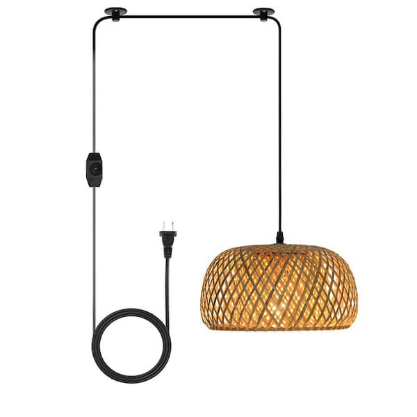 Boho Farmhouse D11. 5in. Bamboo color 1 light Plug in Hand Woven Rattan Dome Pendant Light No Bulbs Included
