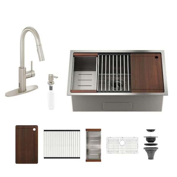 32 in. Undermount Single Bowl 18-Gauge Brushed Stainless Steel Kitchen Sink with Brushed Faucet and Accessories Kits