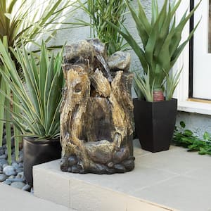 22 in. Tall Outdoor Rainforest Tree Trunk and Stone Waterfall Fountain with LED Lights