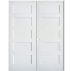 56 in. x 80 in. Craftsman Shaker 5-Panel Right Handed MDF Solid Core Primed Wood Double Prehung Interior French Door