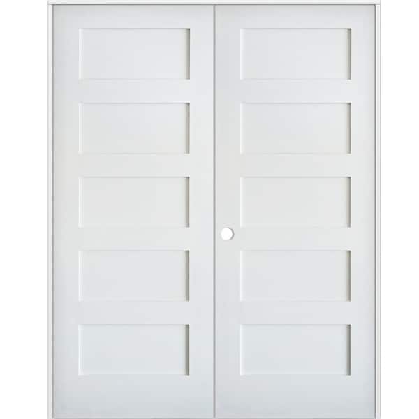 56 in. x 80 in. Craftsman Shaker 5-Panel Right Handed MDF Solid Core Primed Wood Double Prehung Interior French Door