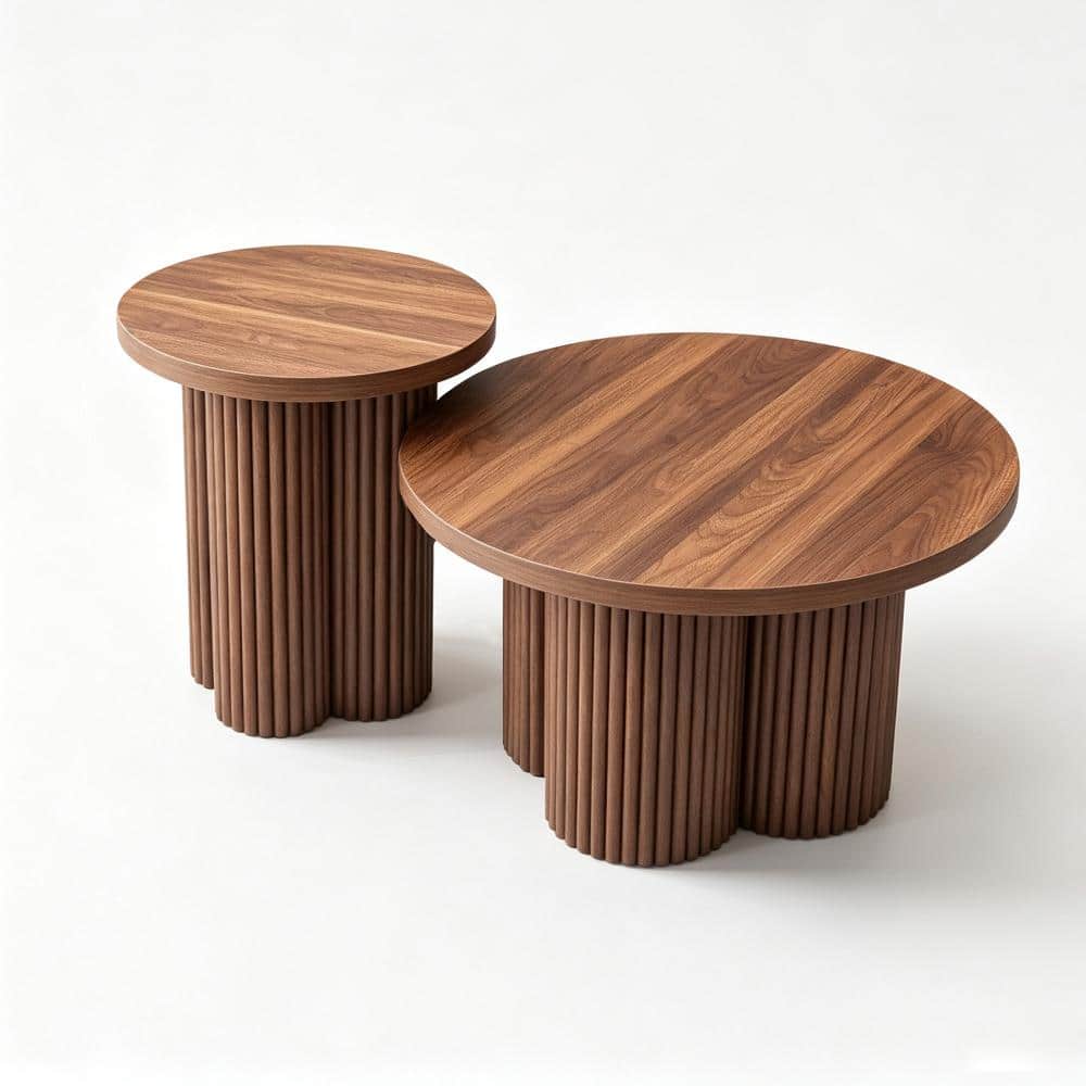 Set of 2 Fluted Round Side Tables, Modern Walnut Ribbed Pedestal End Tables, 2 Separated Accent Tables for Living Room