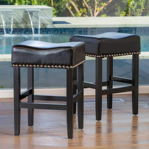 Charlotte 26 in. H Black Backless Wood Counter Stools with Bonded Leather Upholstered Seat, Set of 2
