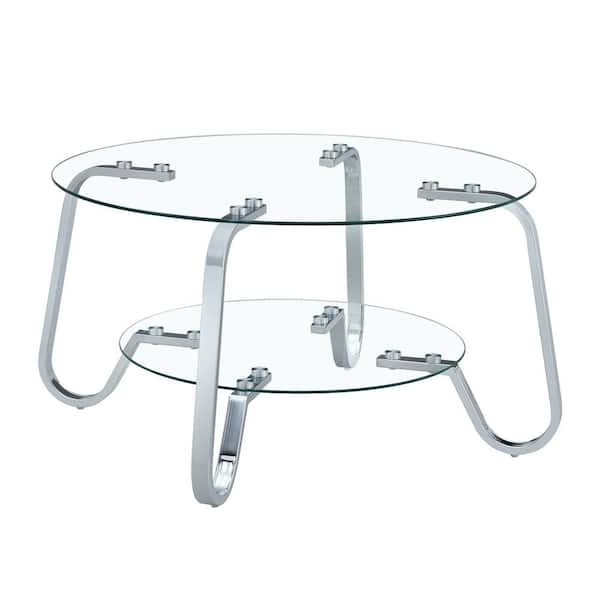 Sudzendf 31.5 in. W Double-Layer Silver Metal Outdoor Coffee Table with Tempered Glass Top