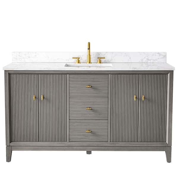 60 in. W x 34 in. H Single Sink Driftwood Gray Bath Vanity Cabinet with Arabescato White Engineered Marble Top