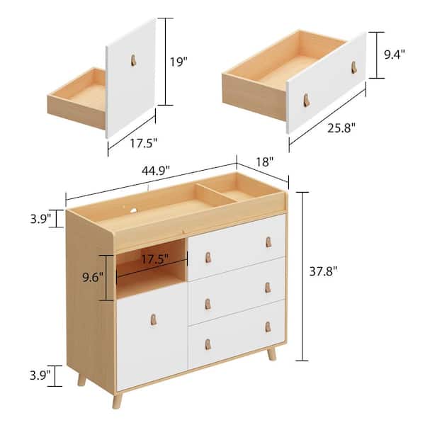 FUFU&GAGA Brown Wood 4-Drawer, 44.9 in. W Wood Chest of Drawers Nursery Storage Organizer With Changing Table Open Shelf