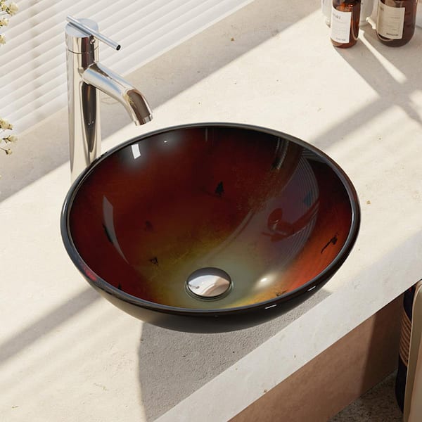 Rene Glass Vessel Sink in Gradient Red with R9-7001 Faucet and Pop-Up Drain in Chrome