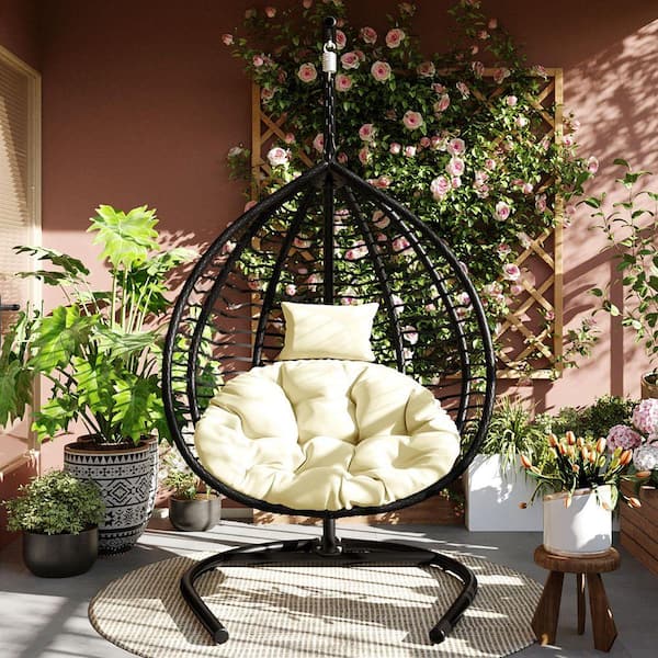 Black Wicker Foldable Outdoor Rattan Egg Chair Patio Swing Chair