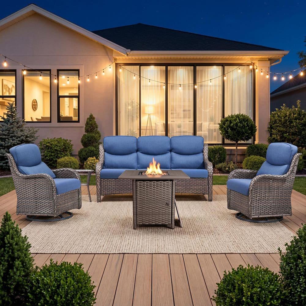 Sialion Brown 5-Piece Wicker Fire Pit Conversation Set Outdoor Swivel Glider Chairs with 5 in. Thick Bule Cushions price history on PriceWatchPro