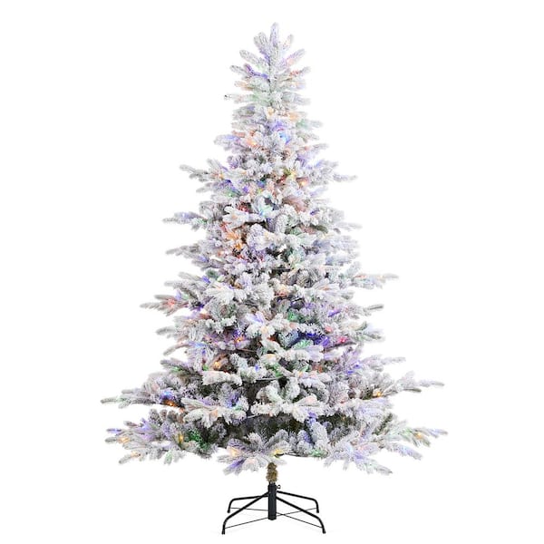 7.5 ft. Pre-Lit Flocked Full Fir Artificial Christmas Tree with 580 Warm White/Multicolor LED Lights