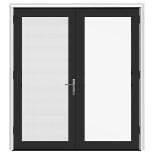 72 in. x 80 in. Right-Hand/Outswing Black/White Fiberglass French Patio Door w/Low-E Glass, Sliding Screen Nickel Handle