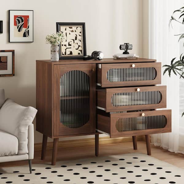 Jordana Natural 31.7 in. H Wood Accent Cabinet with 3-Drawers, Door and Adjustable Shelf