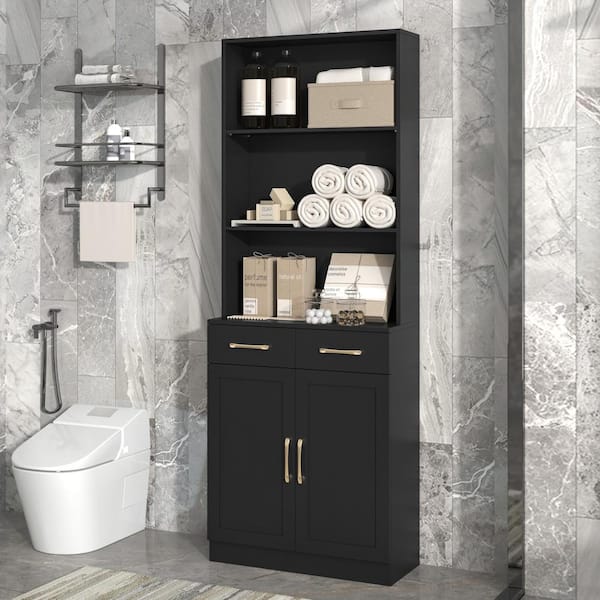 EPOWP 25.9 in. W x 11 in. D x 70 in. H Black Tall MDF Freestanding Linen Cabinet with Adjustable Shelves in Black