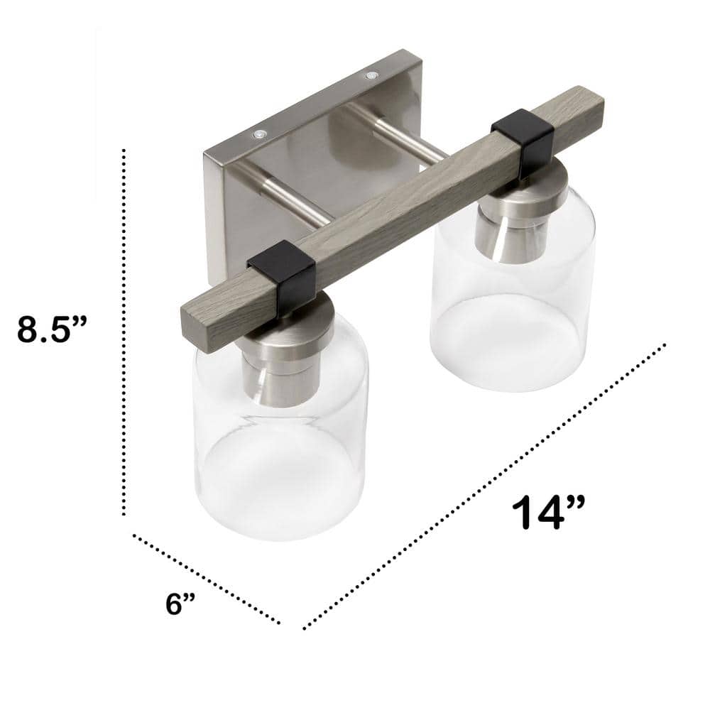 Gray and Nickel Rustic 2-Light Vanity Fixture with Clear Glass Shades