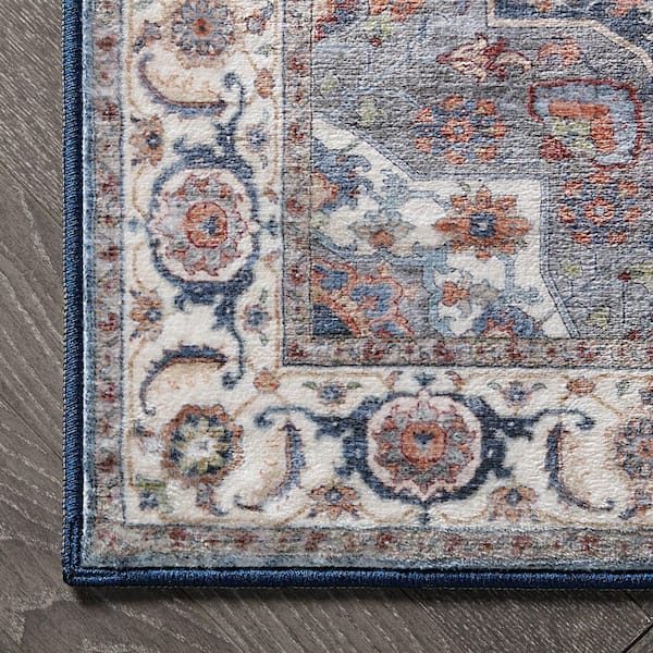 Aliyeh Navy 2 ft. x 6 ft. Woven Medallion Polyester 2-Piece Rug Set