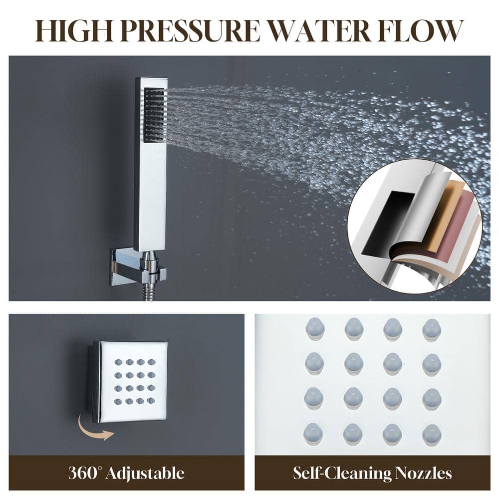 Chrome Dual Square Wall Mounted Shower System with Handheld and Body Jets