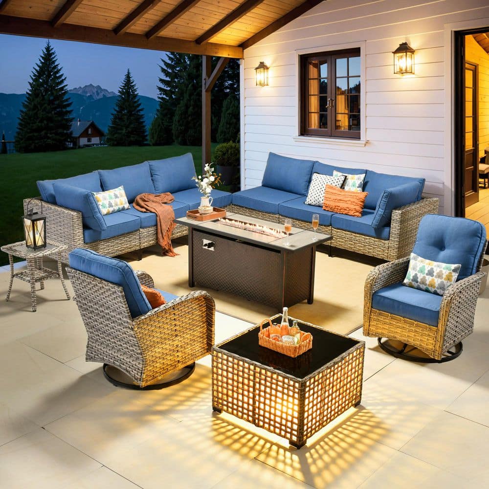 Supery Gray 11-Piece Wicker 54 in. Rectangle Fire Pit Patio ConversationSet with Diamond Blue Cushions and Swivel Chairs