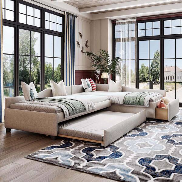 Upholstered Beige Twin Daybed with Trundle and Drawer, Convertible Sofa Bed for 3-Sleepers
