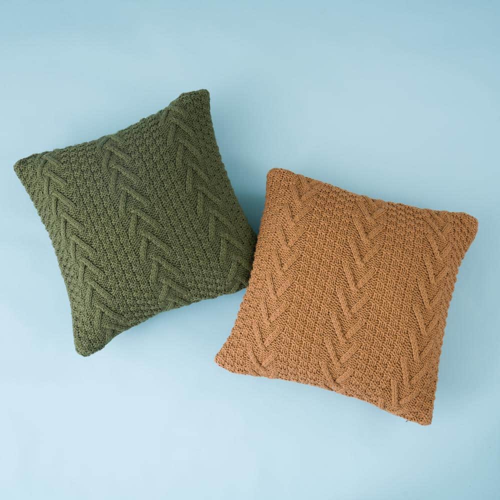 Winter Moss Green Chunky Knit Square Throw Pillow