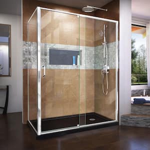 Flex 60 in. W x 36 in. D x 74.75 in. Framed Pivot Shower Enclosure in Chrome with Right Drain Black Acrylic Base Kit