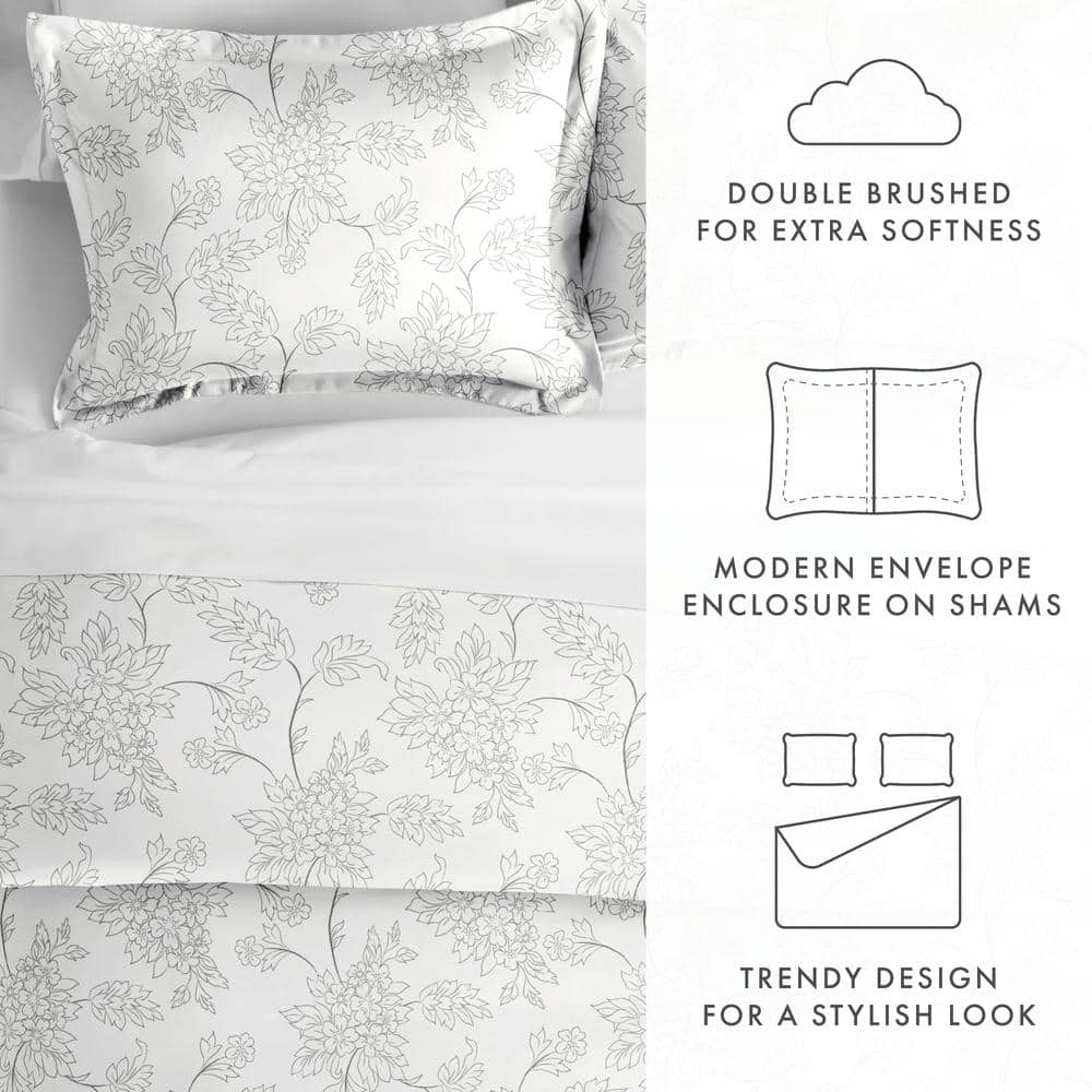 Gray Floral Microfiber Queen Duvet Cover Set with Pillow Shams