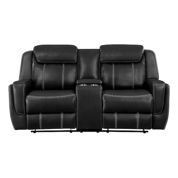 Colin 75.5 in. W Black Faux Leather Manual Double Reclining Loveseat with Center Console, Receptacles and USB Ports
