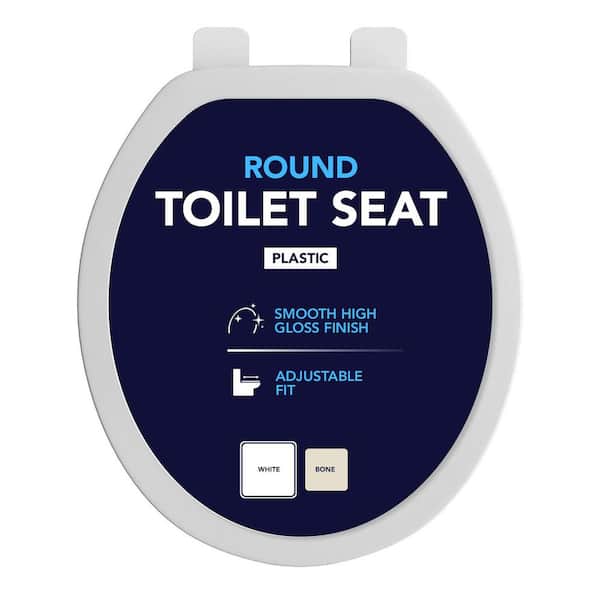 Round Toilet Seat with Adjustable Hinges in White Plastic,  Standard Size Fit