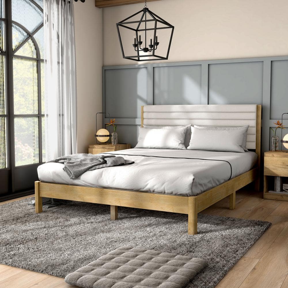 Natural Queen Platform Bed with Boucle Upholstered Headboard