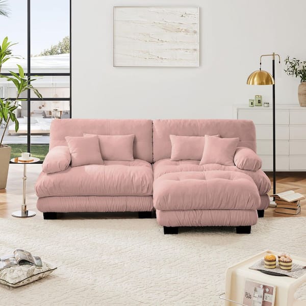 Ronald 94.4 in. Chenille Upholstered L Shaped Sectional Sofa in. Pink with Ottoman, 2 Lumbar Pillows, 2 Throw Pillows
