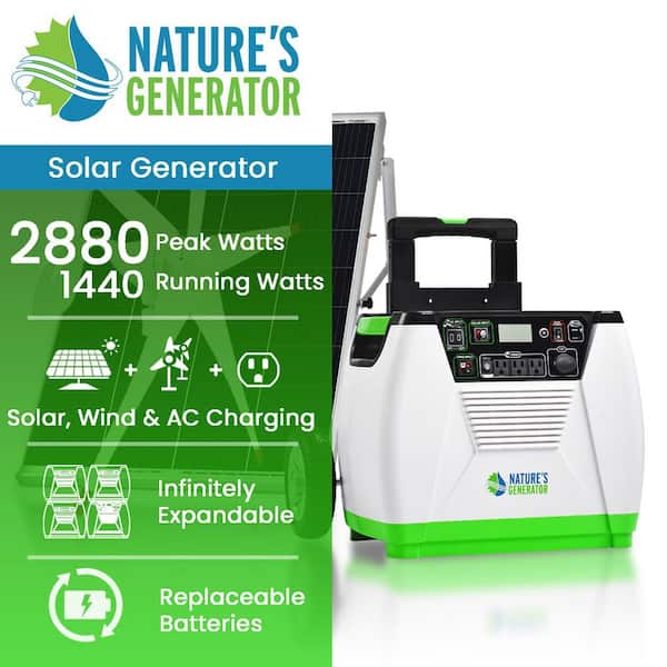1800-Watt/2880W Peak Push Button Start Solar Powered Portable Generator with Wind Turbine and One 100W Solar Panel