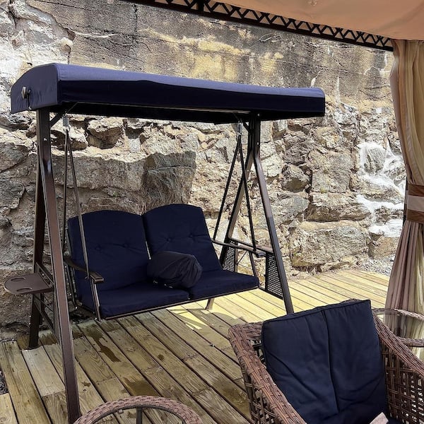 PURPLE LEAF 2-Person Steel Metal Patio Swing with Foldable Side Table, Canopy and Cushions, Navy Blue