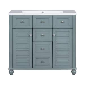 36 in. W x 18 in. D x 33 in. H Freestanding Bath Vanity in Grey Blue with White Cultured Marble Top and Mirror Cabinet