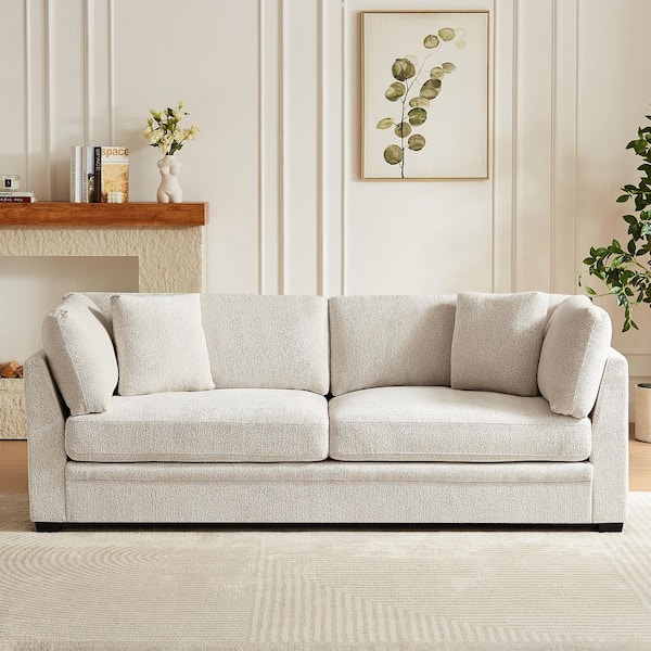 Boris Modern 83.5 in. Flared Arms Upholstered Chenille Rectangle 3-Seater Sofa in Beige with Pillows