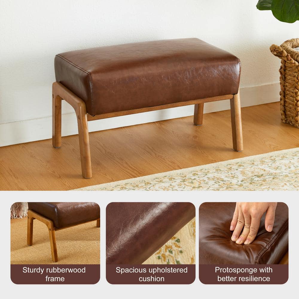 Mid-Century Brown Faux Leather and Rubberwood Accent Stools Set
