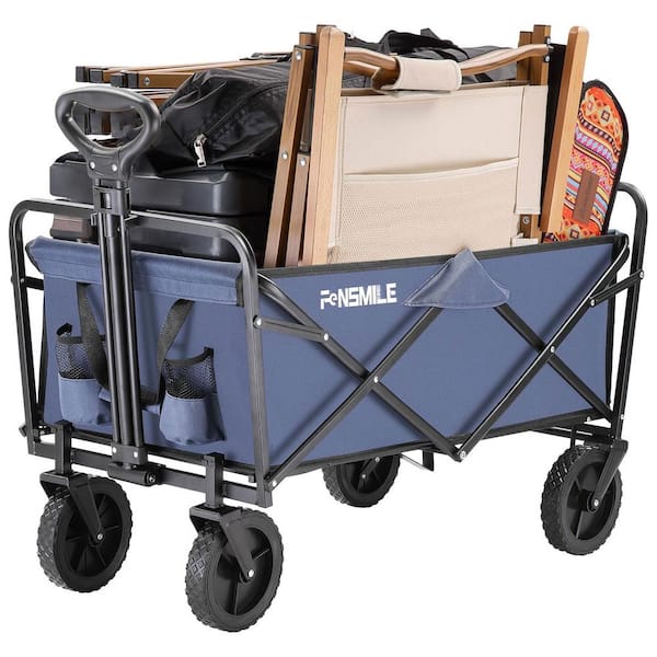 Unbranded - 4.9 cu. ft. Fabric PVC Garden Cart, 2-Fold Collapsible Wagon Cart with Metal Frame, Cup Holder, Adjustable Handle, Blue