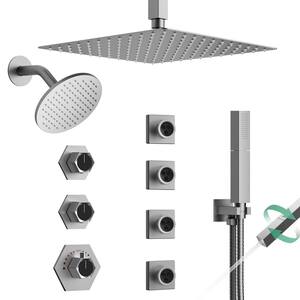 Thermostatic 8-Spray 12 and 6 in. Dual Shower Head Ceiling Mount Fixed and Handheld Shower Head 2.5GPM in Brushed Nickel
