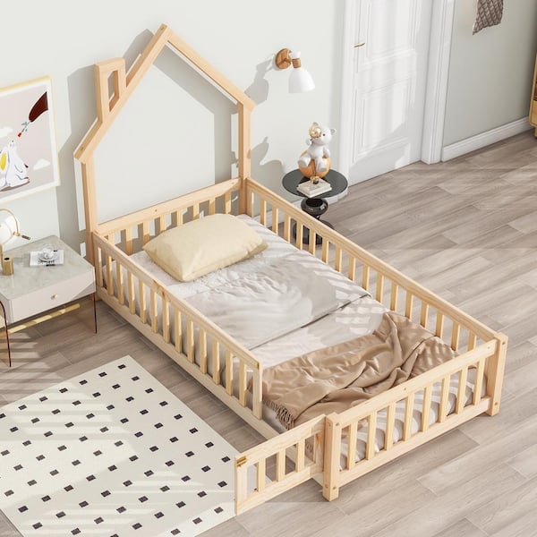 Harper & Bright Designs Natural Wood Frame Twin Size House Platform Bed, Floor Bed with Chimney and Roof Design, Fence Guardrails with Door